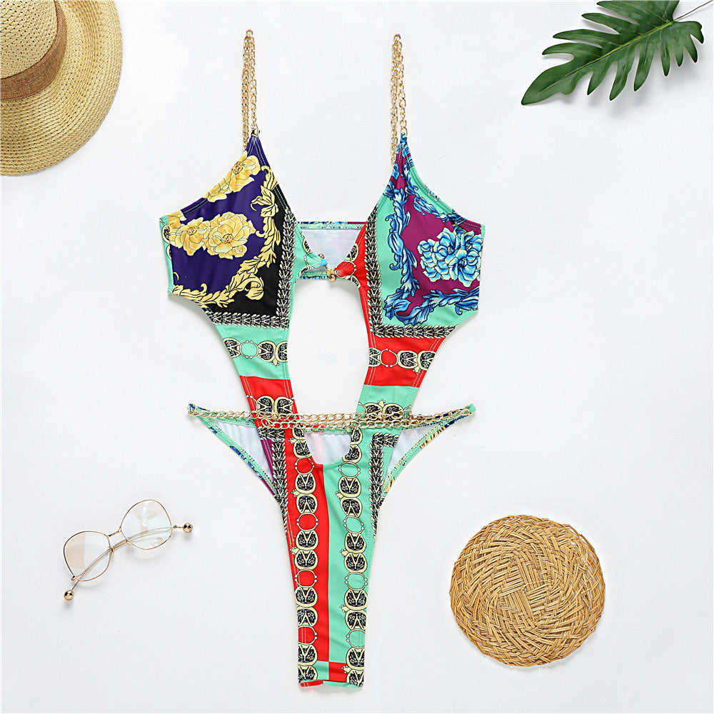 New Printed One-piece Bikini Metal Chain Swimsuit-Aria Doejay