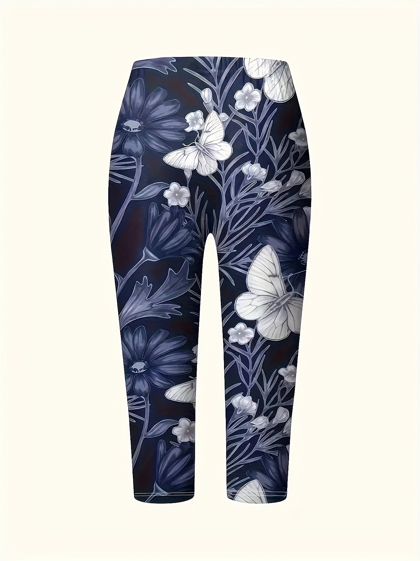 Plus Size Floral & Butterfly Print Capri Leggings, Casual High Waist Stretchy Leggings For Spring & Summer, Women's Plus Size Clothing