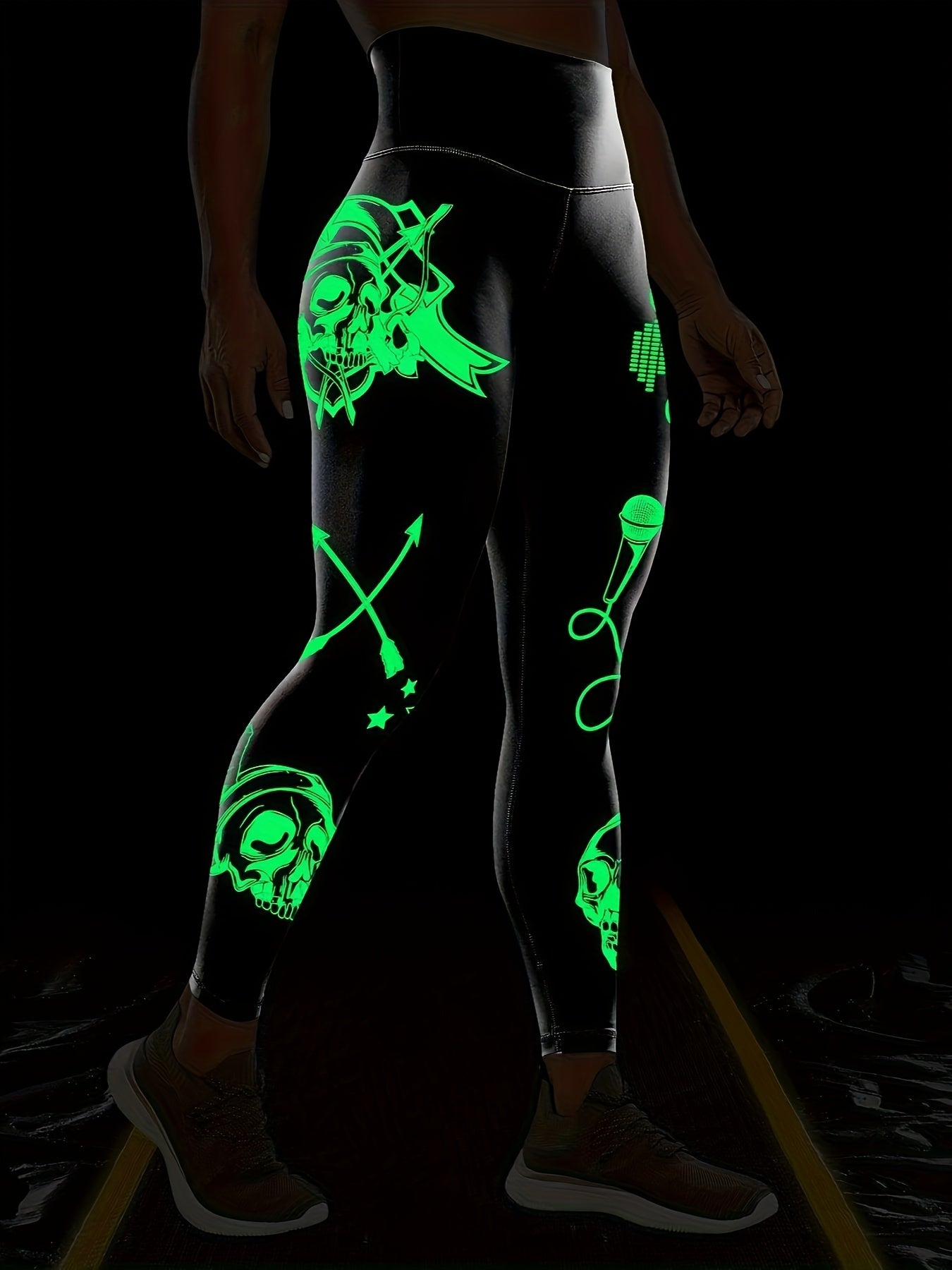 Casual Sportswear Tight Pants, Fluorescent Black Leggings With Glowing Skull, Printed High Waisted Elastic Tummy Control Workout Running Yoga Pants