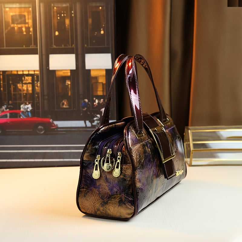 Chic Floral Boston Bag for Women - Vintage-Inspired Crossbody & Shoulder Handbag, Perfect Mother's Day Gift, Deep Purple