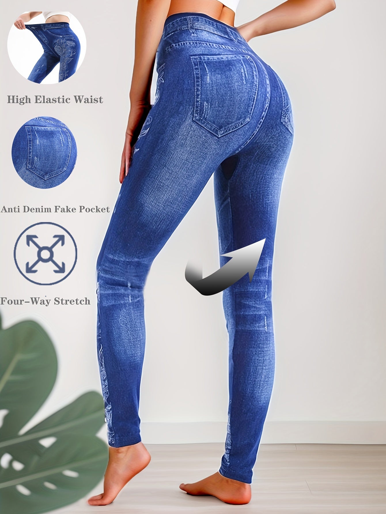 High Waist Faux Denim Rose Print Lifting Leggings, Casual Stretchy Sporty Skinny Yoga Leggings for Women