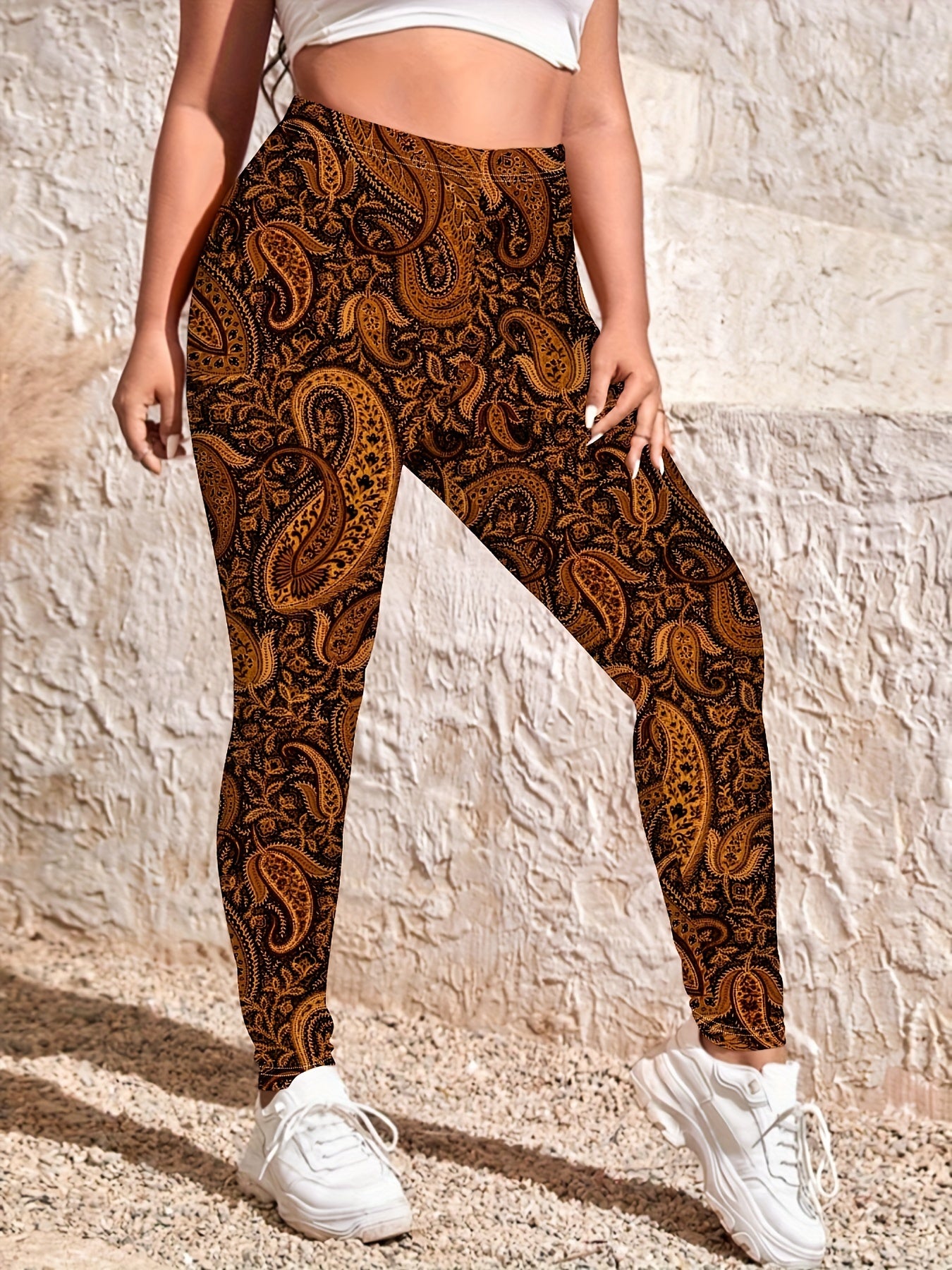 Elegant Plus Size Paisley Print Leggings - Stretchy, High-Waist, Machine Washable - Perfect for All Seasons