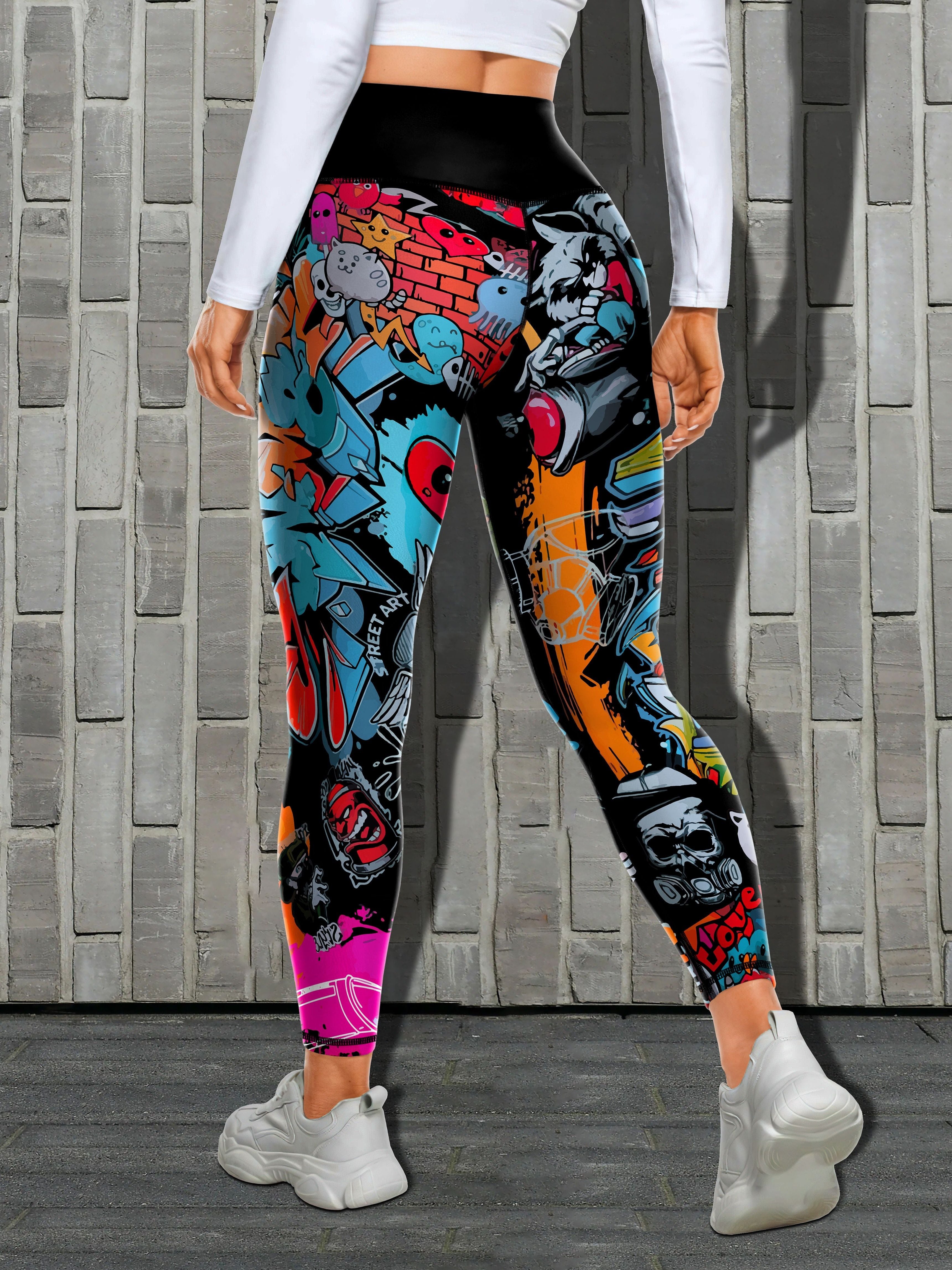 Bold Color Block Graffiti Sports Leggings - Super Stretch Tummy Control & Butt Lifting - Perfect for Running, Yoga, Workout - Womens Activewear, Seamless Tight Fit