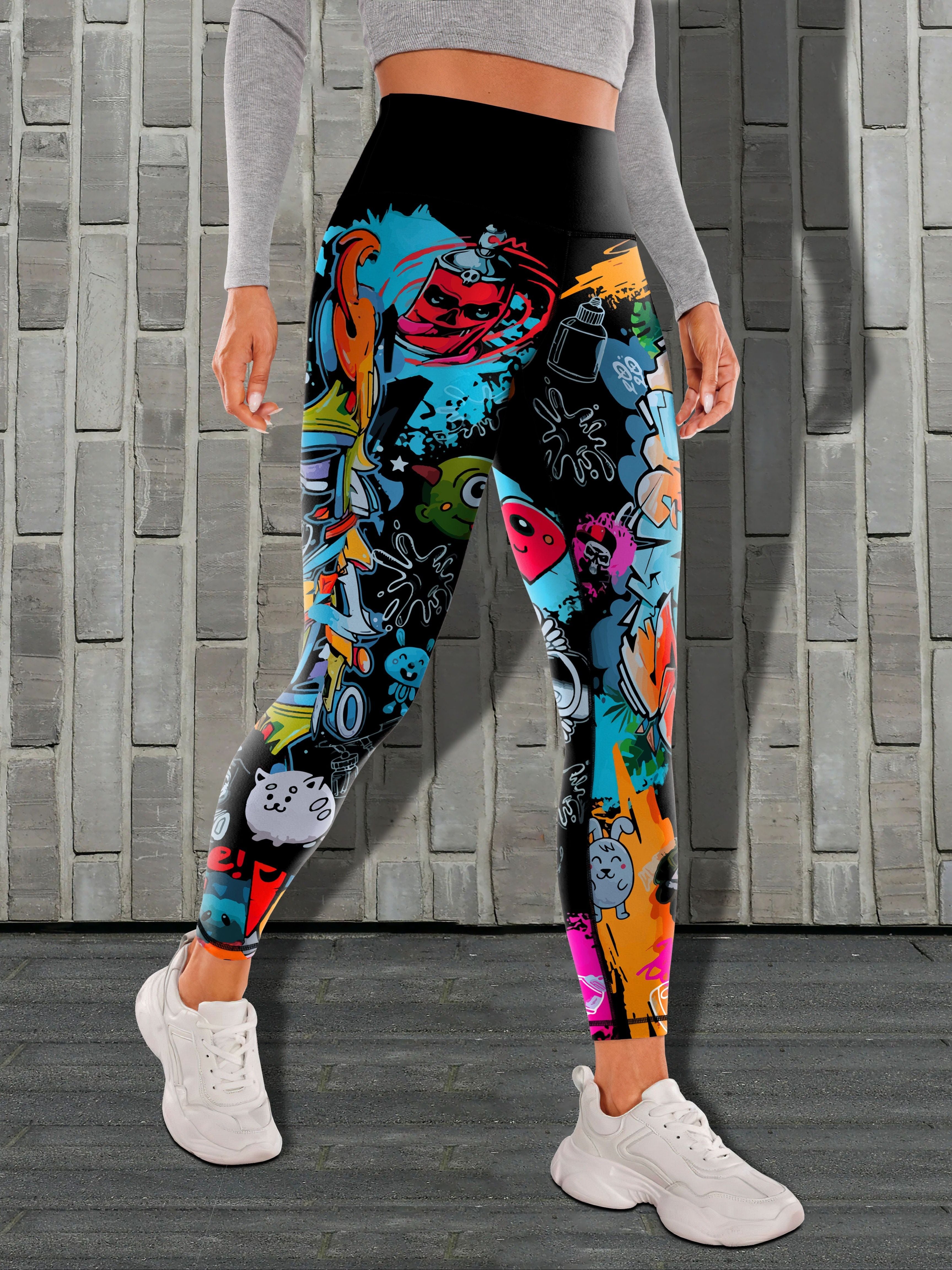 Breathable High Waist Women's Yoga Leggings with Graffiti Graphic Print, Stretchy Compression Tights, Fashion Workout Running Athletic Trousers, Sport Style Fitness Pants