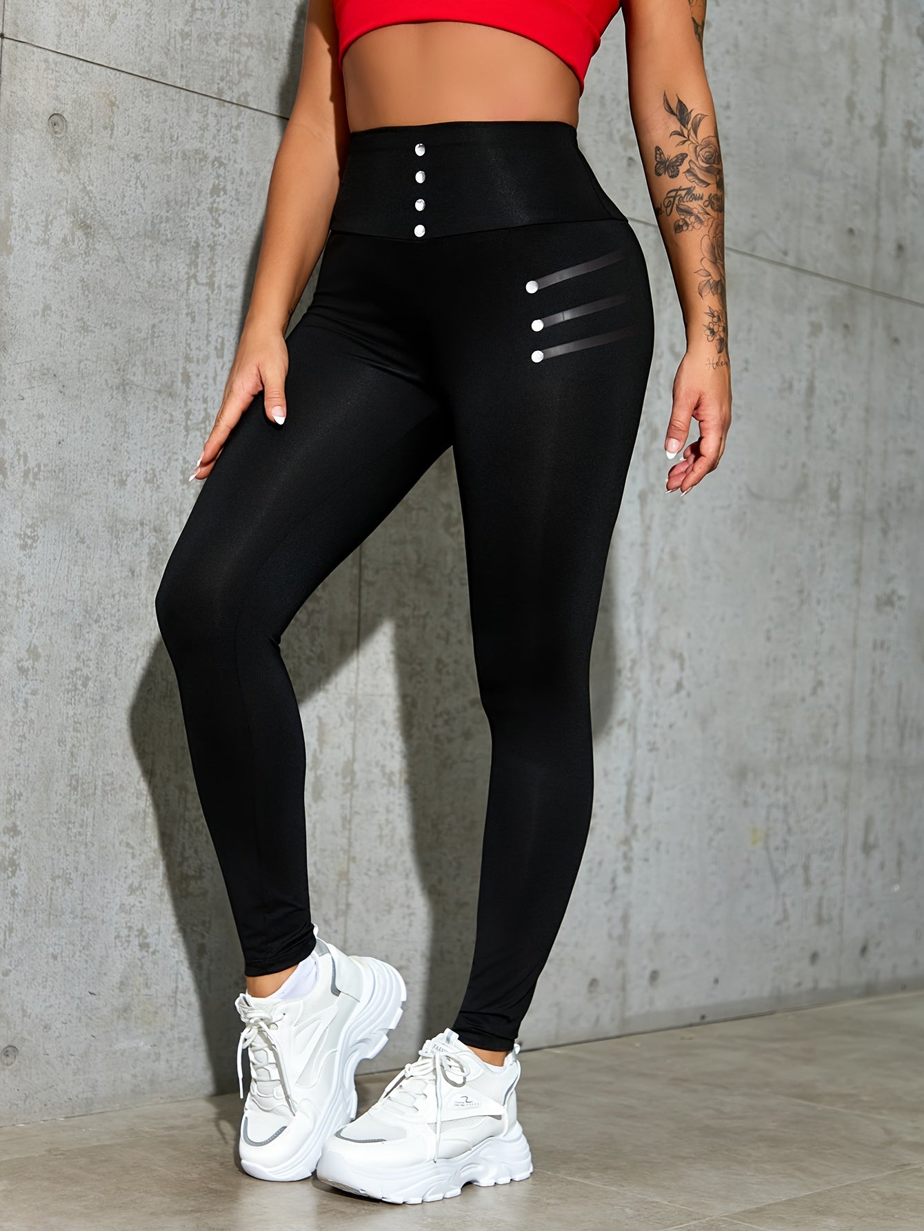 Chic Plus-Size High-Waist Leggings with Button Detail - Stretch Fabric for Daily Comfort, Curve-Friendly Fashion Wear