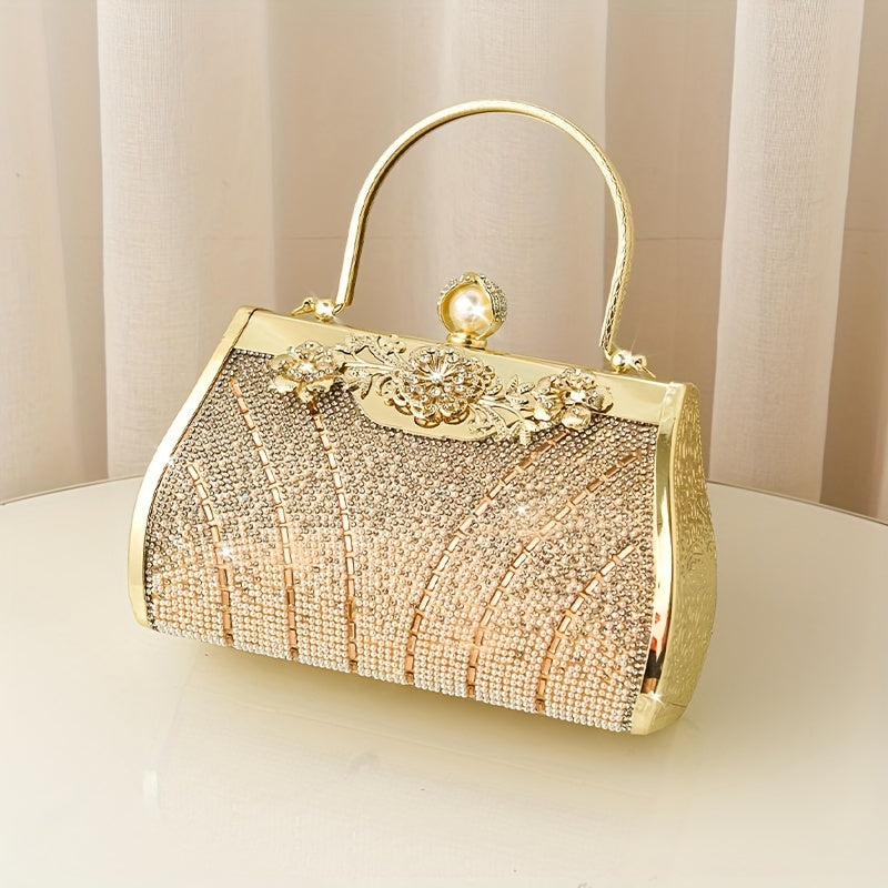 Elegant Rhinestone & Pearl Evening Clutch - Golden, Women's Fashion Handbag for Weddings, Parties, and Festivals