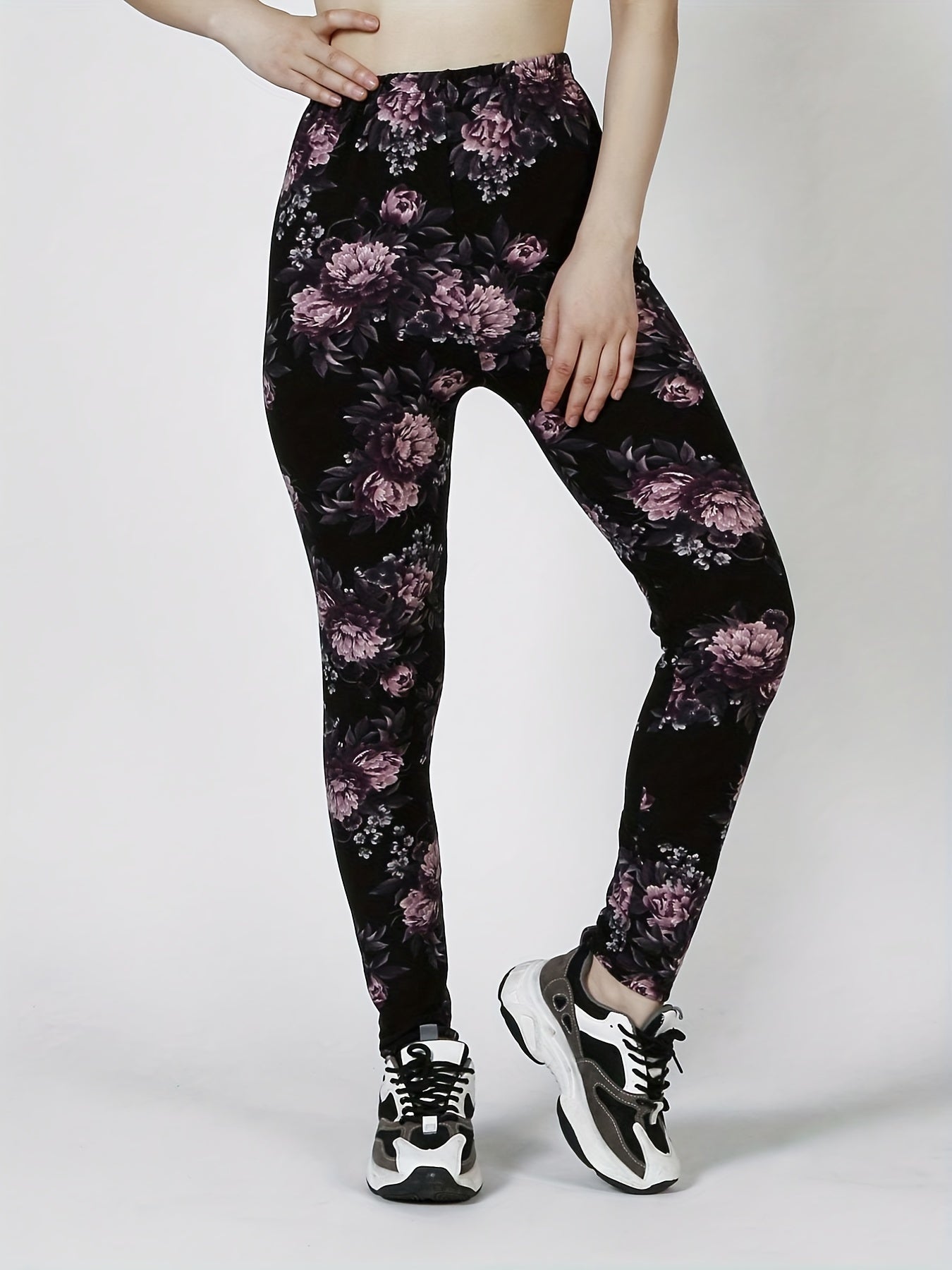 Casual Every Day Skinny Leggings, Floral Print Stretchy Women's Clothing