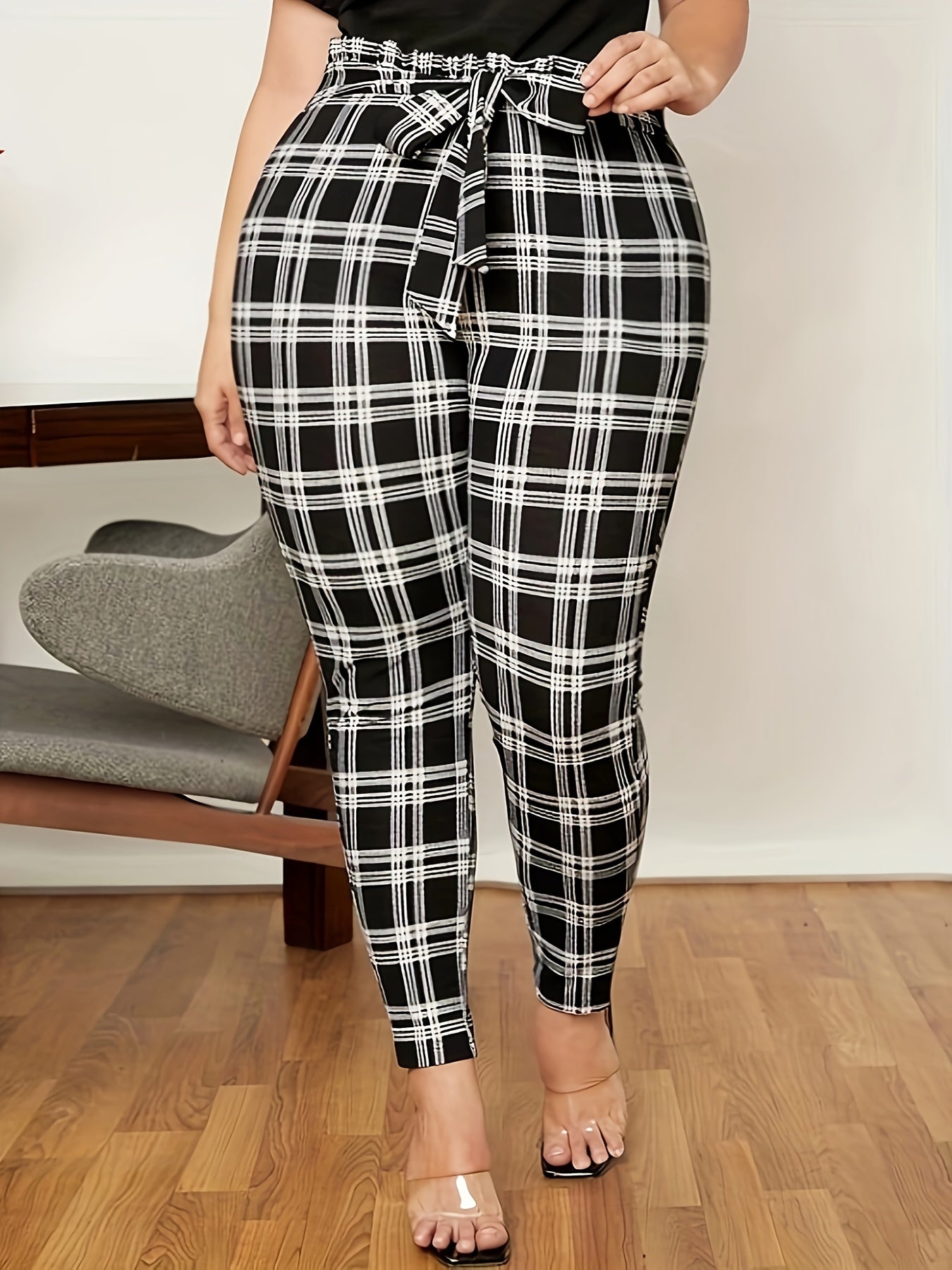 High Waist Plus Size Plaid Print Skinny Leggings, Elegant Belted Leggings for Spring & Summer, Women's Clothing