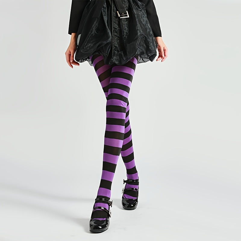 Purple Striped Print Tights - Women's Slim Fit Halloween Party Pantyhose - Spandex Stretchy Stockings with Comfortable Fit and Soft Fabric for Ladies