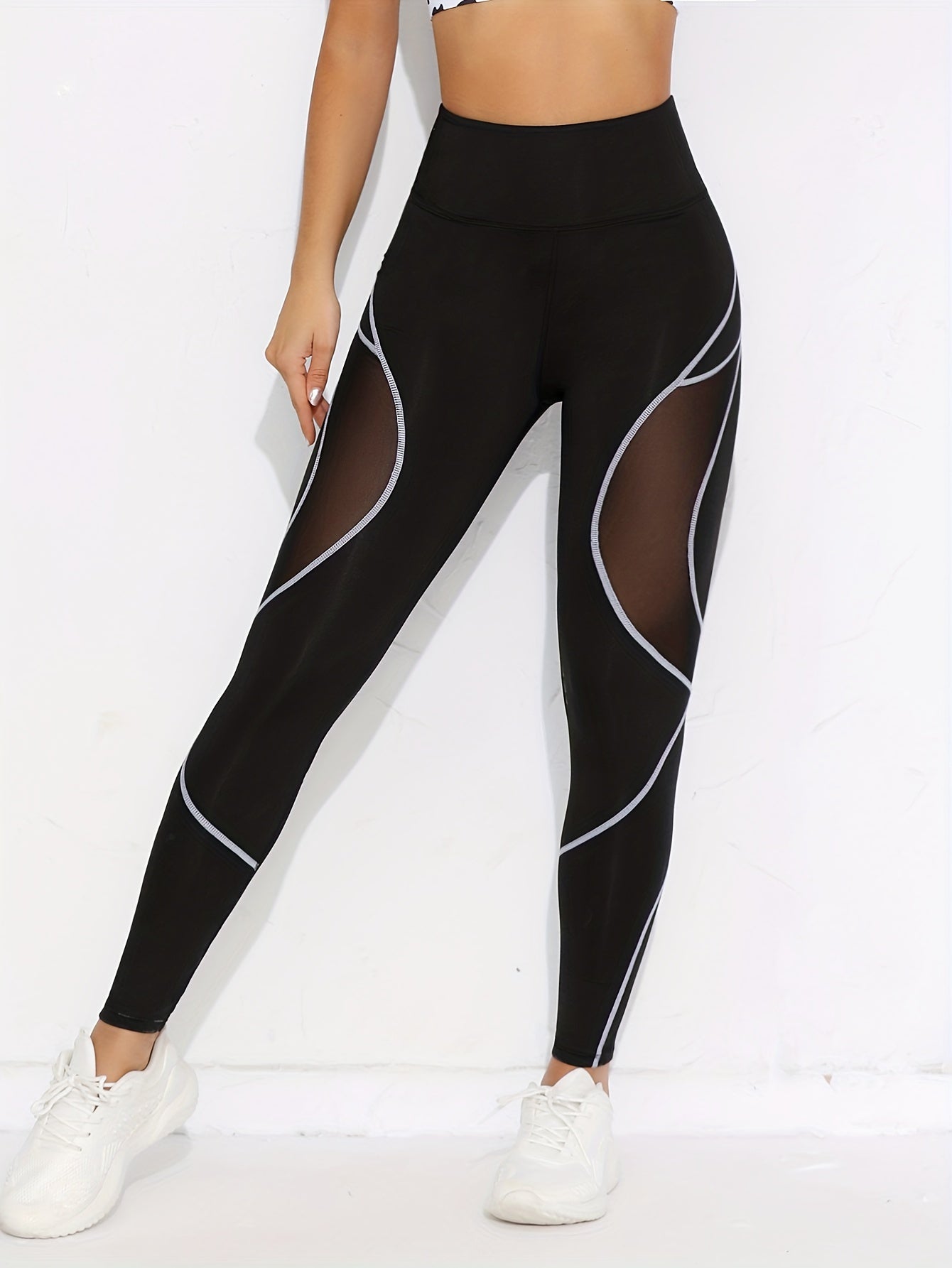 High-Waisted Women's Athletic Leggings, Breathable Mesh Inserts, Stretchy Sporty Workout Tights, Stylish Gym Wear