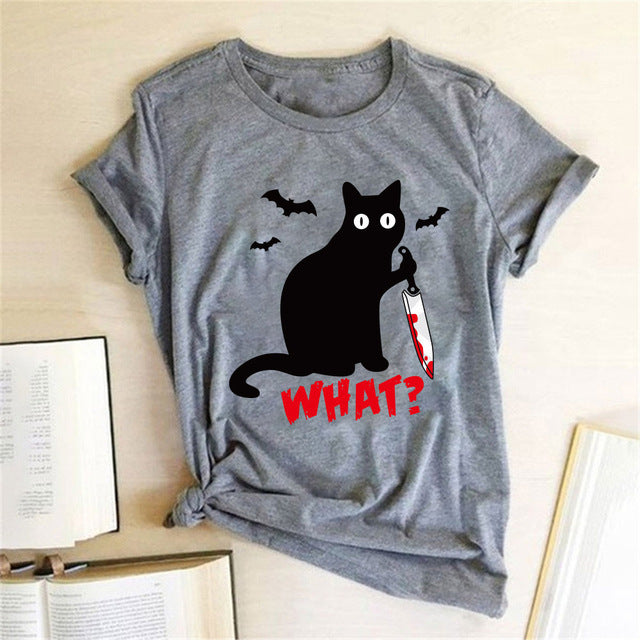 Halloween What Bloody Cat European And American Short-sleeved Female T-shirt