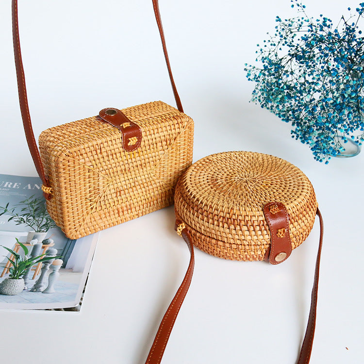 Rattan Weave Bag Retro Women's One Shoulder Small Round Bag