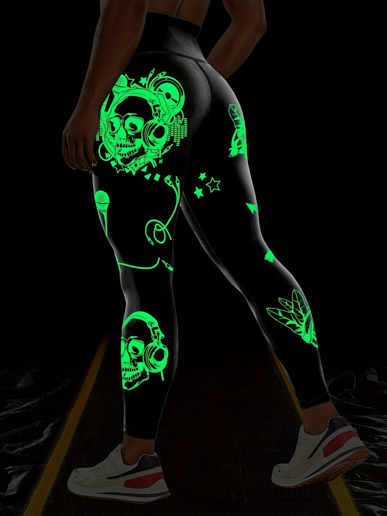 Casual Sportswear Tight Pants, Fluorescent Black Leggings With Glowing Skull, Printed High Waisted Elastic Tummy Control Workout Running Yoga Pants