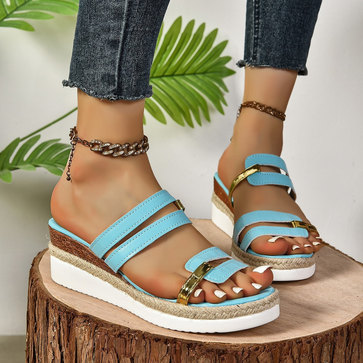 Colorblock-strap Wedges Sandals Summer Fashion Hemp Heel Slides Slippers Outdoor Thick Bottom Fish Mouth Shoes For Women-Aria Doejay