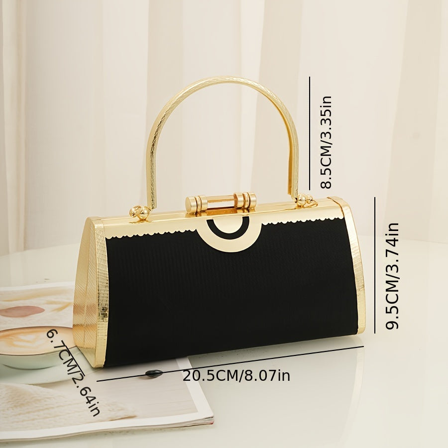 Elegant Black Clutch Evening Bag, Women's Dress Handbag With Golden Accents, PU Material Purse, Formal Dinner & Banquet Bag