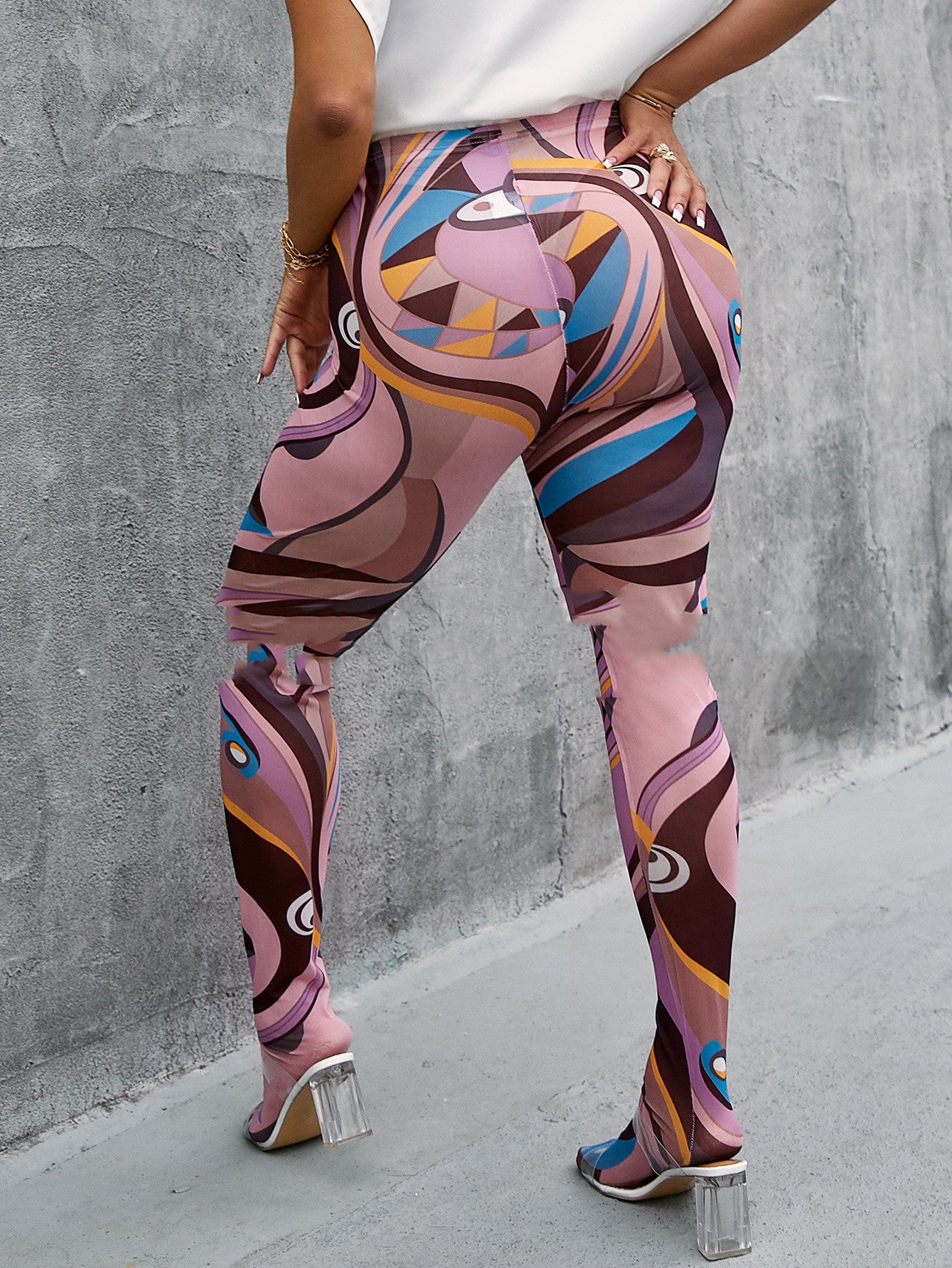 High Waist Magic Double Button Print Medium Pressure Ordinary Ninth Pants Hip Lift ThinLeggings