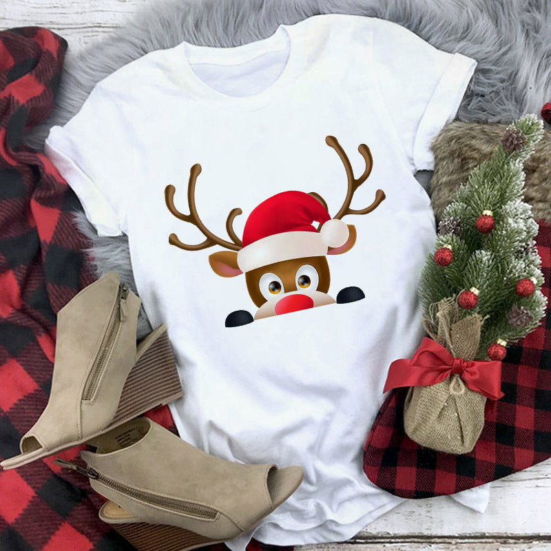 Christmas Lady Short-sleeved T-shirt Cartoon Santa Claus Print Street Casual T-shirt-Aria Doejay