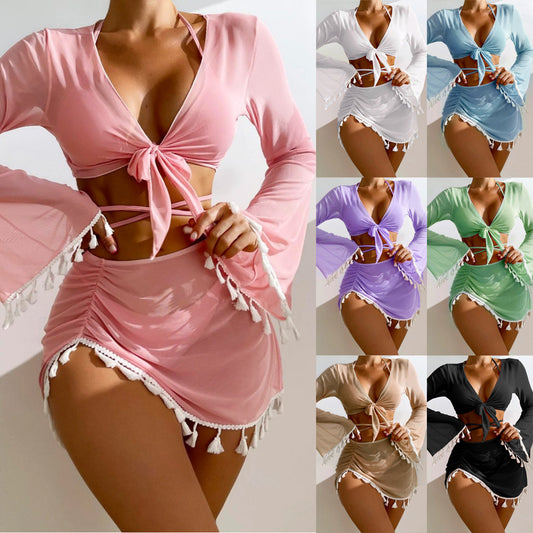 4pcs Solid Color Bikini With Short Skirt And Long Sleeve Cover-up Fashion Bow Tie Fringed Swimsuit Set Summer Beach Womens Clothing-Aria Doejay