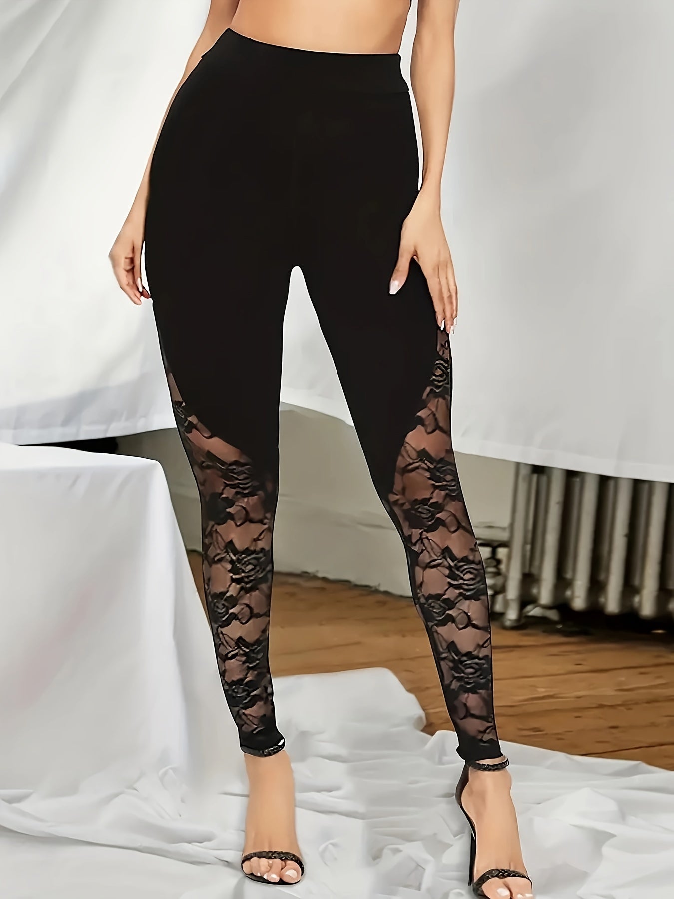 Women's Sexy Leggings, Plus Size Contrast Rose Lace High Rise Medium Stretch Skinny Leggings