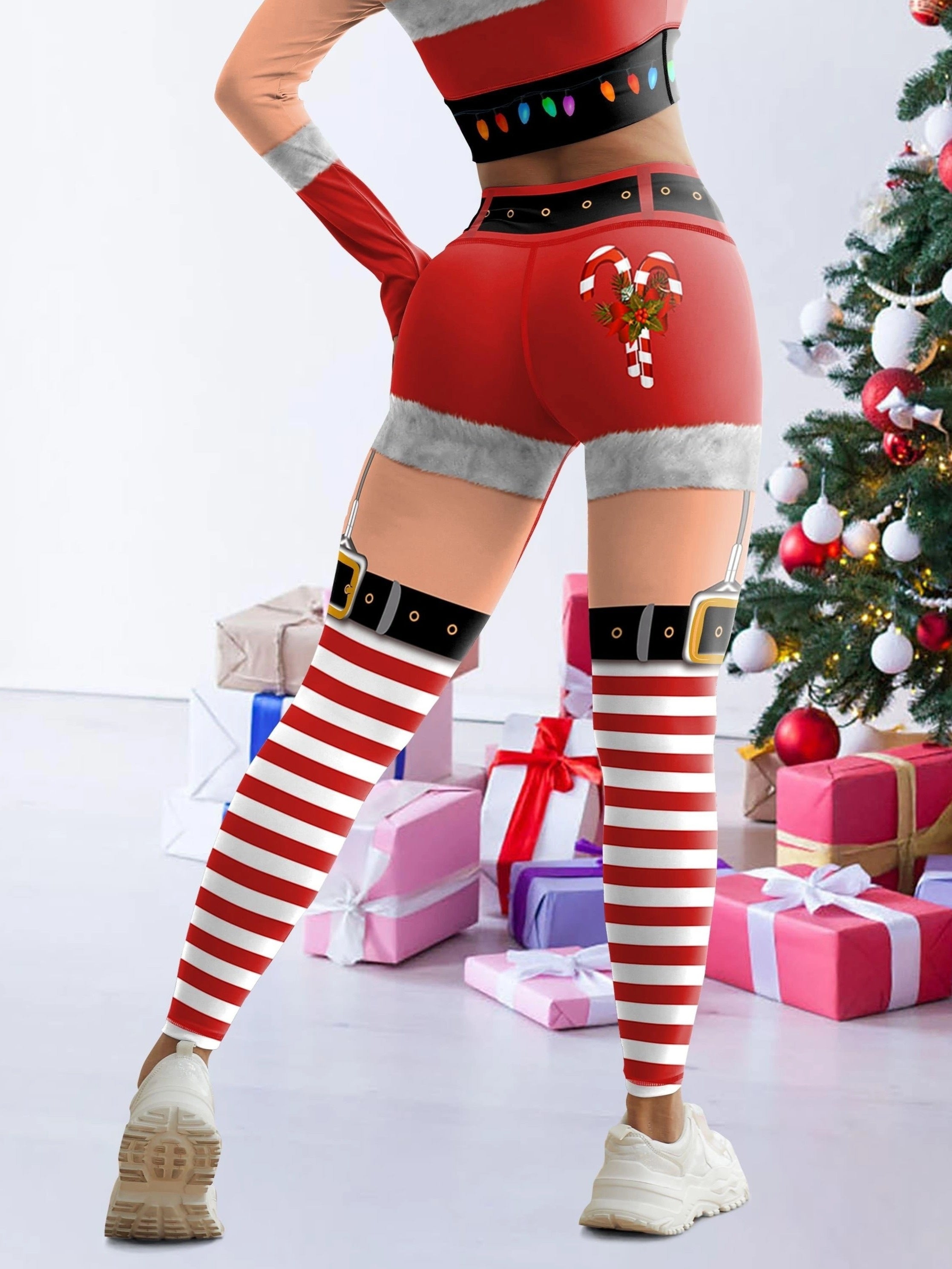 Festive Christmas Yoga Pants: High-Waisted, Long-Length, Knit Fabric, Polyester Blend, Suitable for All Seasons