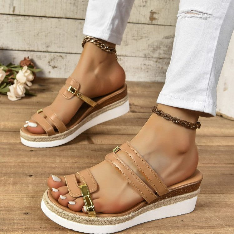 Colorblock-strap Wedges Sandals Summer Fashion Hemp Heel Slides Slippers Outdoor Thick Bottom Fish Mouth Shoes For Women-Aria Doejay