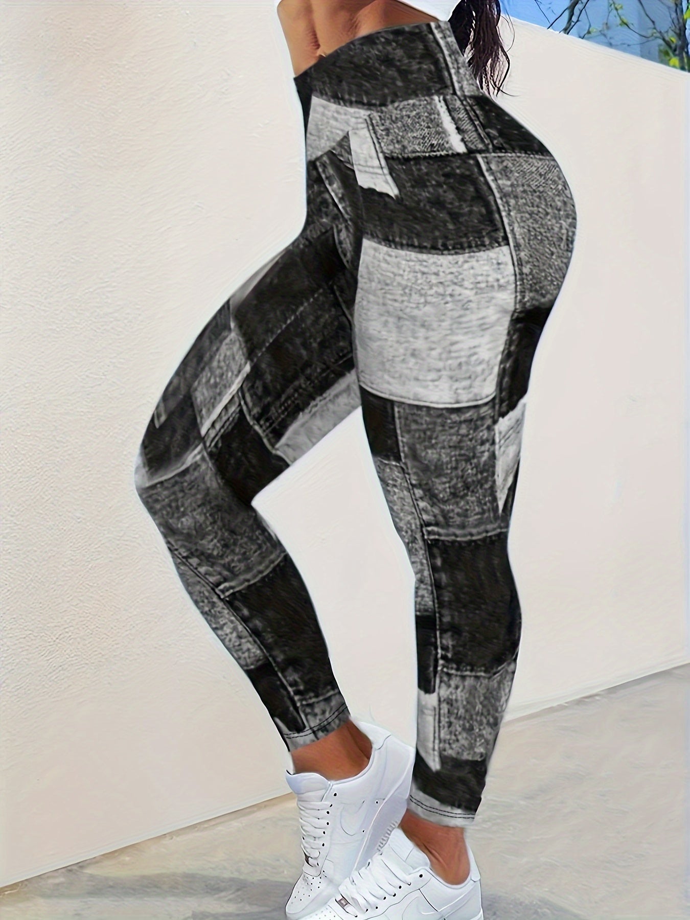 Plus Size Denim Print Leggings - Flattering Tummy Control, High Waist, Mid-Weight Stretch for Casual Chic Style