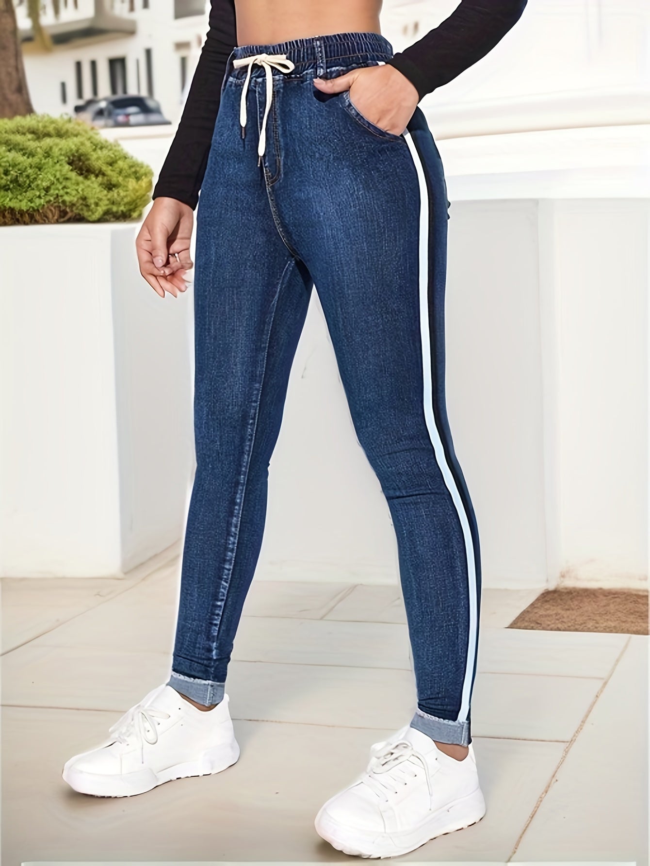 Womens Roll Up Hem Skinny Jeans - Super Stretch Elastic Drawstring Waist - Figure-Flattering Slim Fit Denim Pants - Adjustable, Sexy Style for Casual Wear - Denim Wardrobe Essential