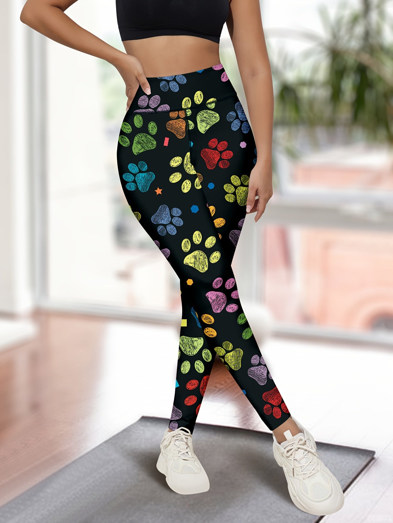 Women's Yoga Pants - High Elasticity, All-Season, Long Length, Printed Bear Paw Pattern, Casual Style, Polyester Knit Fabric, Tight Fit, Adult - Comfortable, Stretchable, Flattering Yoga Leggings