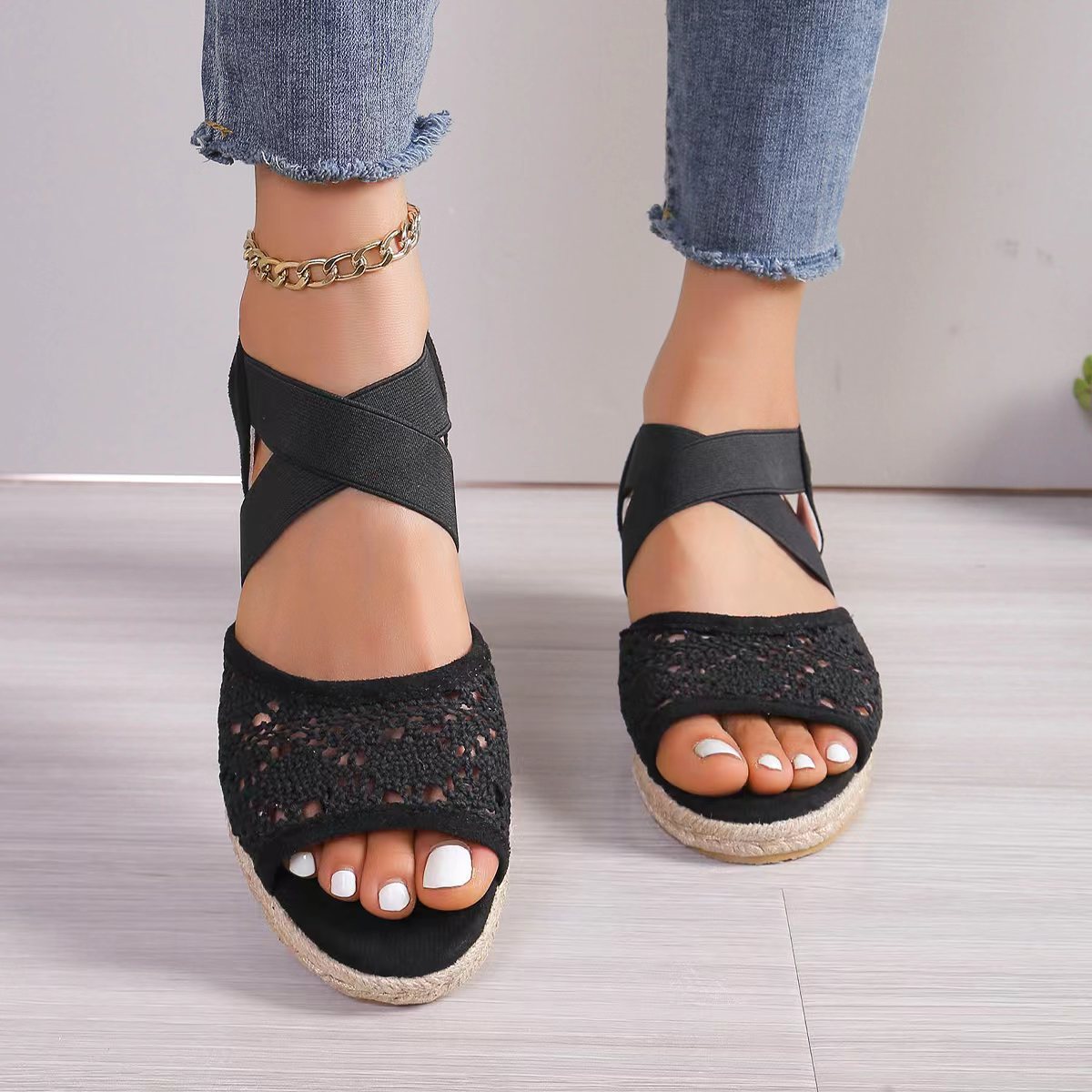 Lace Hollow Sandals Summer Fashion Hemp Wedges Shoes Women-Aria Doejay