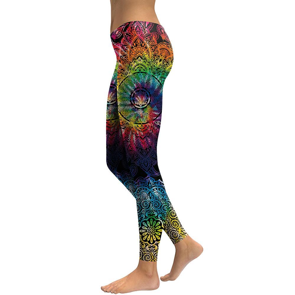 Rainbow Burst Mandala Flower Yoga Workout Leggings-Aria Doejay