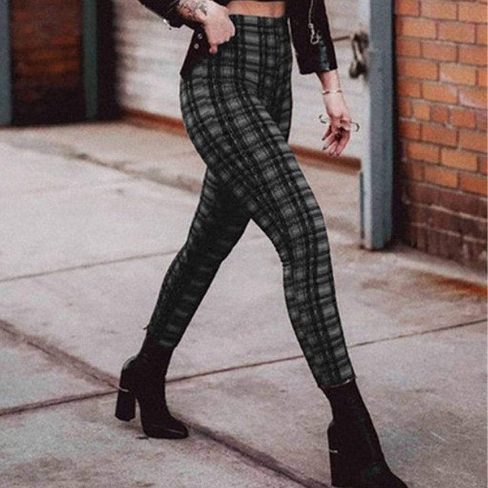 Plaid high waist leggings women casual pants-Aria Doejay