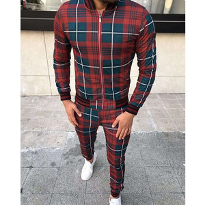 New Men's Leisure Suits Tracksuits Men Grid Two-piece Patchwork Zipper Tracksuits Small leg Trouser Sportswear New Man Sets-Aria Doejay