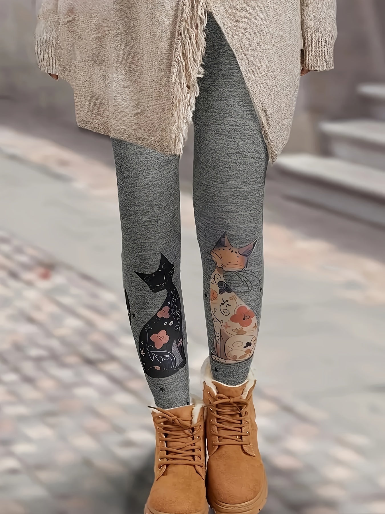 Plus Size Cat Print Skinny Leggings, Casual Every Day Stretchy Leggings, Women's Plus Size Clothing