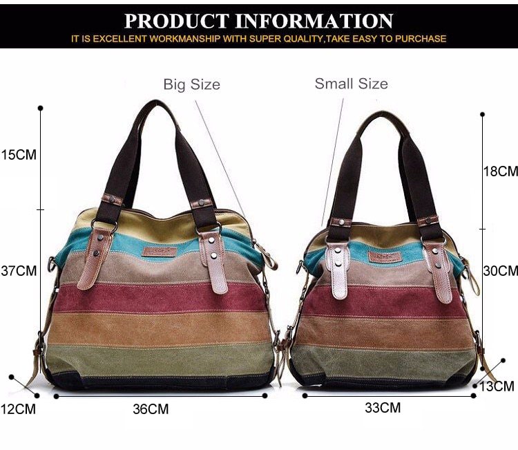 KVKY Brand Fashion Canvas Bag Brand Women Handbag Classic Patchwork Casual Female Shoulder Bags Striped Rainbow Purse Pouch-Aria Doejay