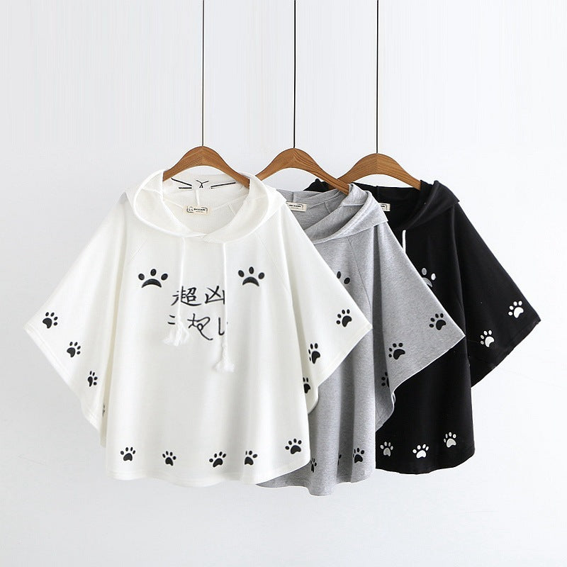 Cartoon cat paw print cape shawl T-shirt-Aria Doejay