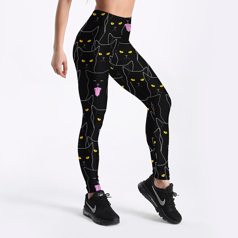 Black cat print women's slim sports leggings-Aria Doejay