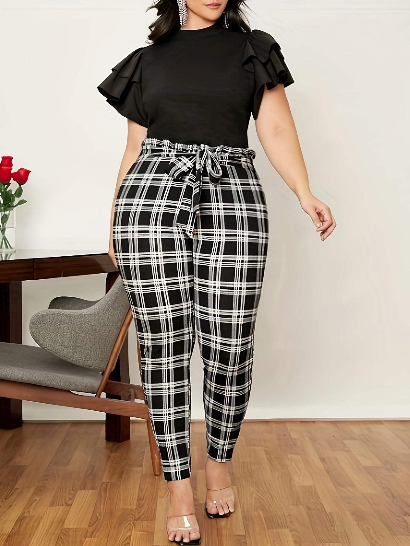 High Waist Plus Size Plaid Print Skinny Leggings, Elegant Belted Leggings for Spring & Summer, Women's Clothing