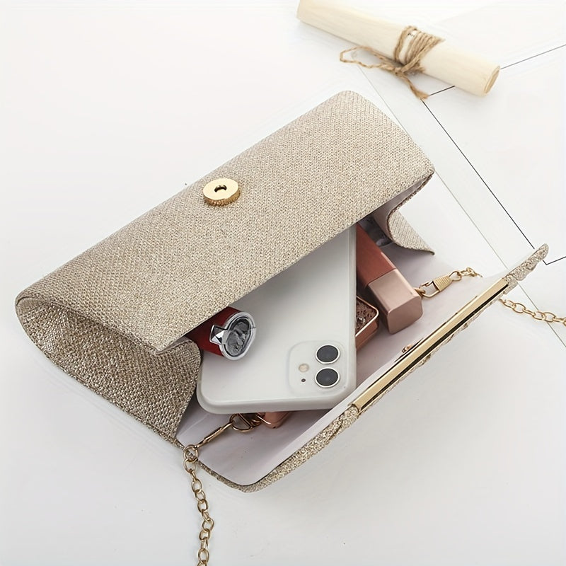 Elegant Glitter Evening Clutch Bag With Chain, Versatile Handbag For Phone And Makeup Essentials