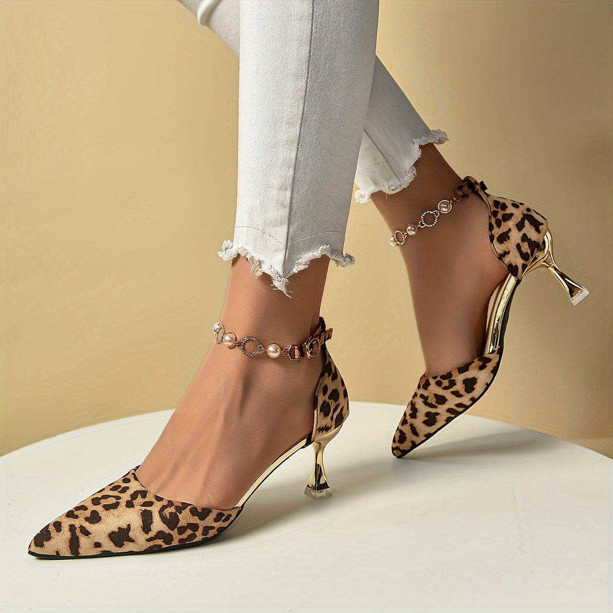 Women's Faux Pearl Strap, Hollow Out Leopard Print Elegant High Heels, Point Toe Summer Dressy Shoes