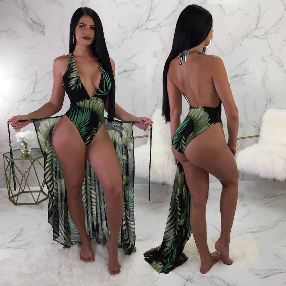 Leaf print one-piece swimsuit-Aria Doejay