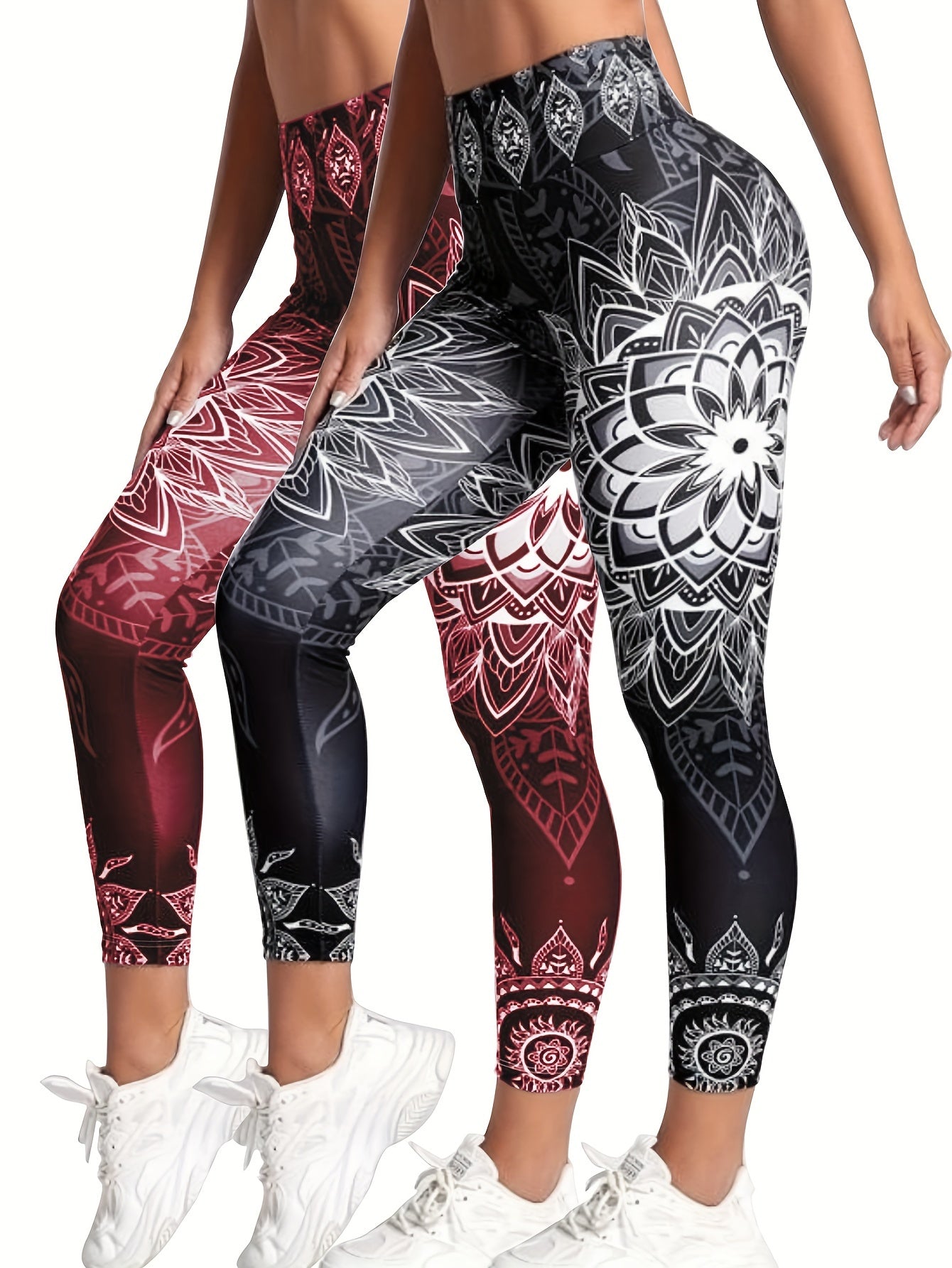 Ink Lotus Graphic Print Two-piece Set, Stylish Printed, Women's Tight-fitting Sports Fitness Leggings