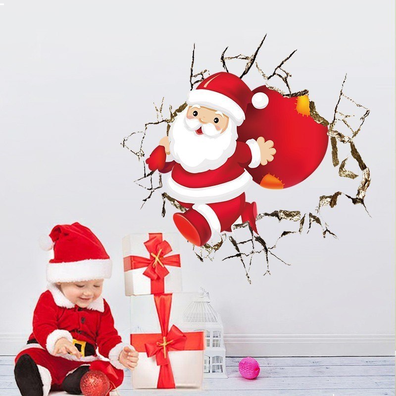 New Cute Santa Claus Broken Wall Merry Christmas Wall Stickers Living Room Home Decor 3d Vinyl New Year Wall Decal Wallpaper-Aria Doejay