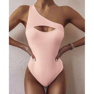 New Bikini Solid Color One-shoulder One-piece Swimsuit Women-Aria Doejay