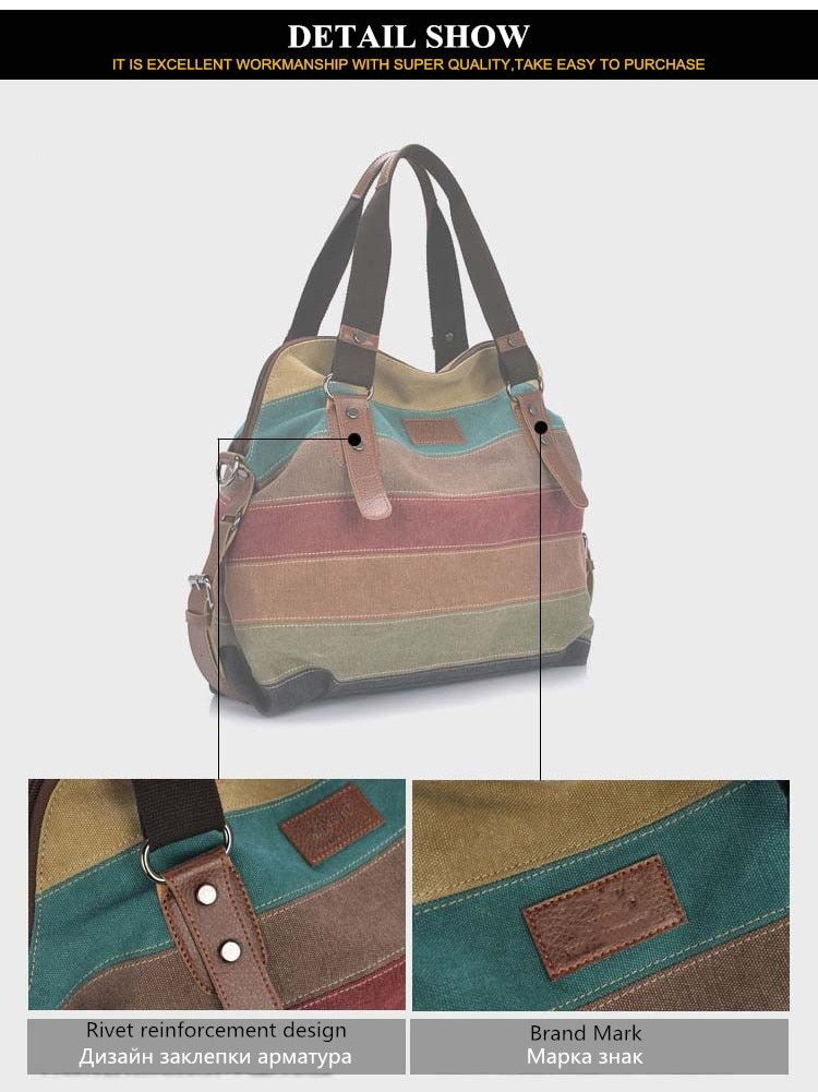 KVKY Brand Fashion Canvas Bag Brand Women Handbag Classic Patchwork Casual Female Shoulder Bags Striped Rainbow Purse Pouch-Aria Doejay