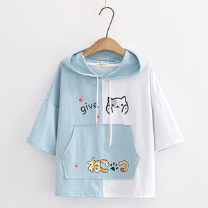 Japanese cartoon print loose hooded short sleeve T-shirt women-Aria Doejay