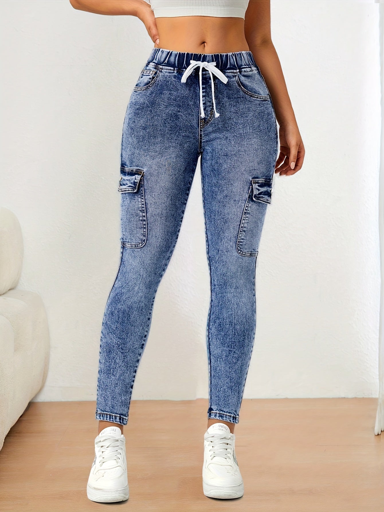 Women's High Stretch Skinny Jeans with Drawstring Waist and Pockets, Cotton Blend Denim, Solid Color Street Style for All Season - Long Length Casual Weekend Pants