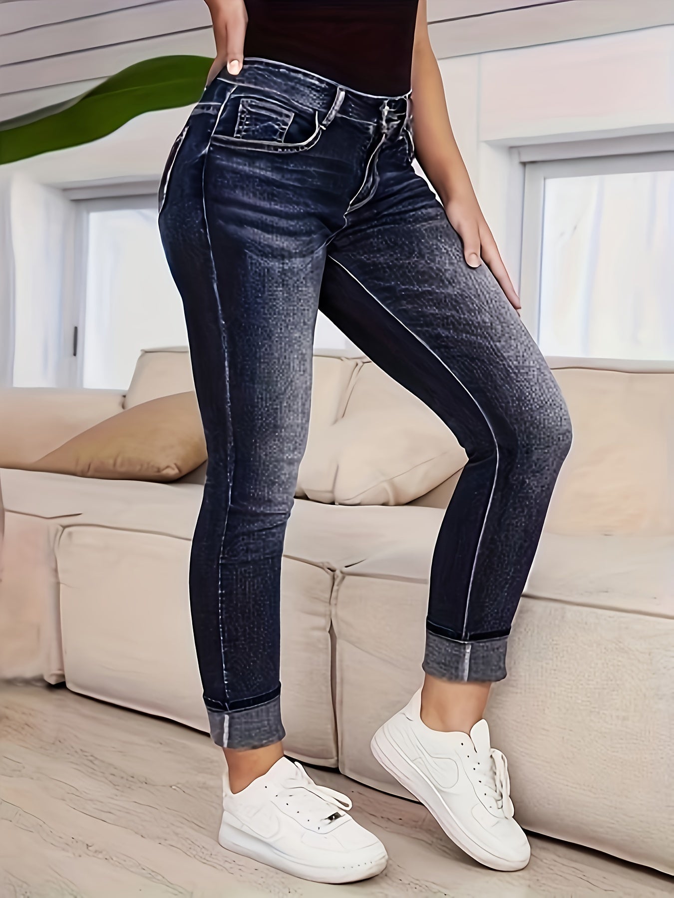 High-Waisted Embroidered Jeans - Relaxed Fit, Stretch Cotton Blend, Seasonless, Machine Washable, Fashionable Women's Denim with Comfortable Design