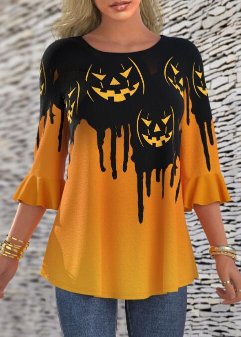 Halloween Pumpkin Print Flared Sleeve Crew Neck T Shirt