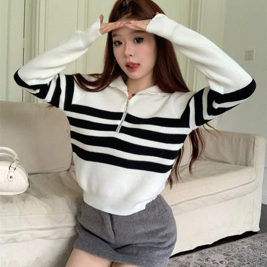 Contrast Color Striped Zipper Pullover Long Sleeve Sweater-Aria Doejay