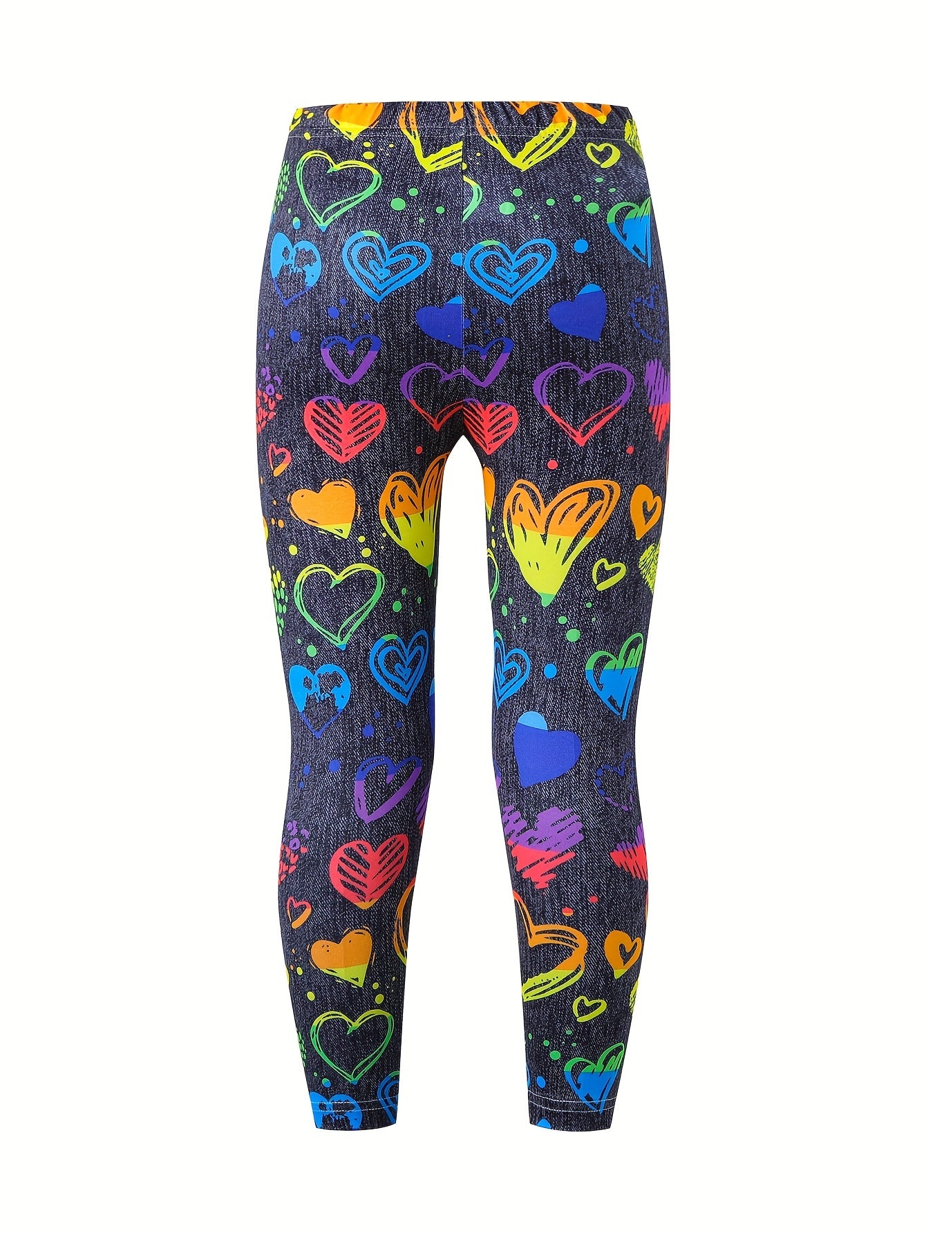 Vibrant Heart Print Leggings - Luminous, Imitation Denim, Stretchy, Comfortable, Fashionable - Perfect for Girls Spring and Summer Party, Casual Daily Wear, Outdoor Activities